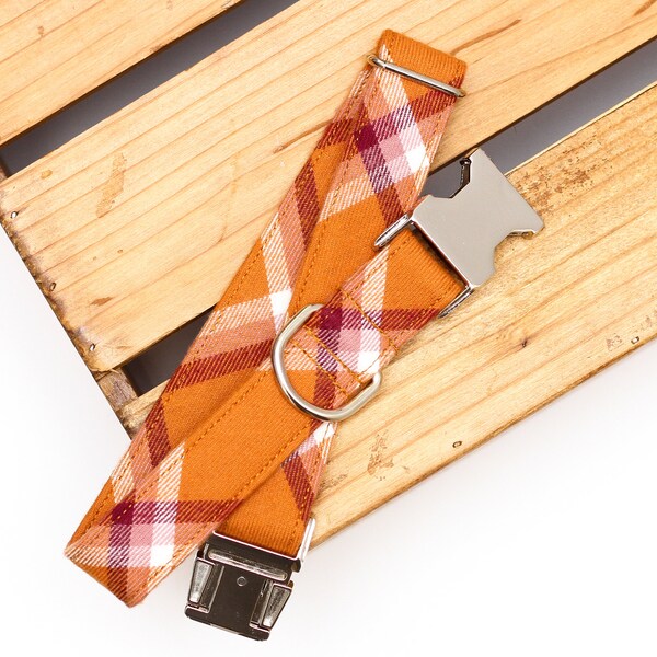 Plaid Dog Collar,  Autumn Dog Collar, Copper & Burgundy Dog Collar, Fall, Female, Flannel Pet Collar with Metal Buckle, Puppy