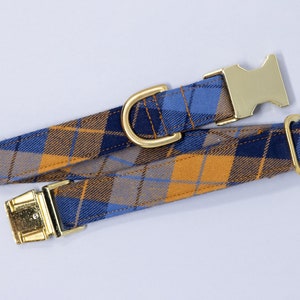 Plaid Dog Collar,  Autumn Dog Collar, Tan & Navy Blue Dog Collar, Fall, Male, Flannel Pet Collar with Metal Buckle, Puppy