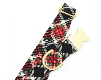 Klassieke kerst geruite hondenhalsband. Zwart, Rood &Goud, Kerst hondenhalsband, metallic metalen hardware. Hondenliefhebber cadeau, of Kousen stuffer