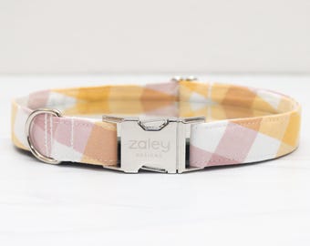 Hondenhalsband, roze, gele en witte plaid, zomer of lente, handgemaakte katoenen halsband voor huisdieren, metalen gesp