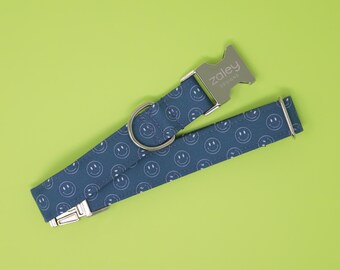 Navy Blue Smiley Faces Dog Collar, Male Pet Collar, Retro, Funky, Smile, Metal Hardware, Handmade Collar