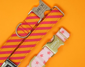 Bright Pink and Orange Dog Collar, Hot Pink Stars, Summer Stripes, Girl, Female Pet Collar, Customized Engraving Available, Personalized