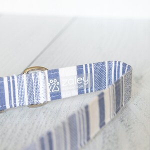 May include: A blue and white striped dog collar with a silver buckle and a white label that says "zaley designs.com".