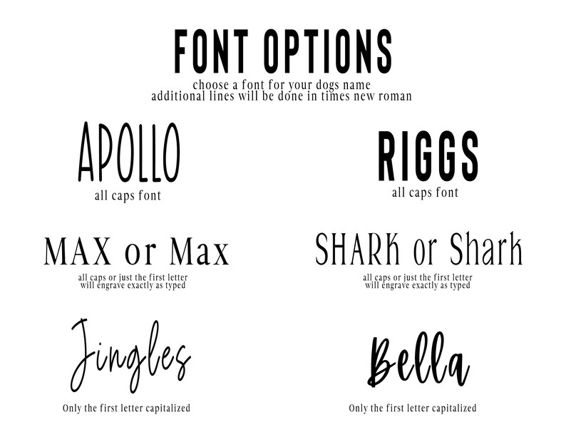 May include: A graphic showing different font options for dog names. The options include all caps, all caps with the first letter capitalized, and only the first letter capitalized. The text "FONT OPTIONS" is at the top of the graphic. The text "choose a font for your dogs name" is below the title. The text "additional lines will be done in times new roman" is below the previous text.