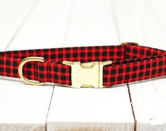 Red Buffalo Plaid Dog Collar- Red and Black Check, Metallic Gold, Special Occasion, Pets, Winter  - Metal Buckle