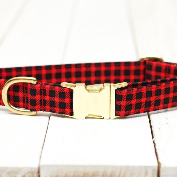 Red Buffalo Plaid Dog Collar- Red and Black Check, Metallic Gold, Special Occasion, Pets, Winter  - Metal Buckle