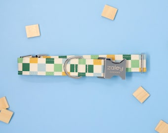Geruite hondenhalsband, geblokte hondenhalsband, blauw, groen, geel, jongensruit, handgemaakt, metalen gesp, ruit