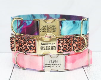 Female Dog Collar with Custom Engraving, Paw Print Leopard print pet collar, Pink watercolor dog collar, Personalized Engraved Dog Collar