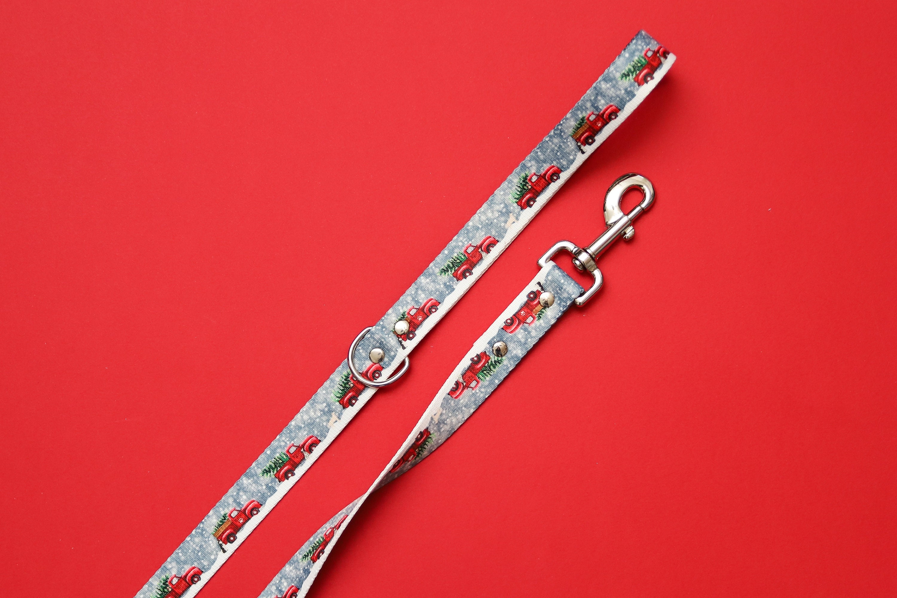 Christmas Trucks Dog Leash - Webbing, Heavy Duty, Trees, Red Truck, Lead, 4', 5' Or 6'