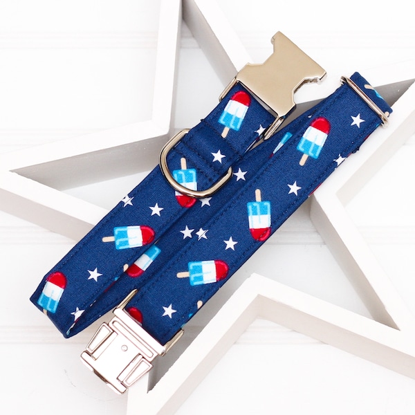 4th of July Dog Collar, Fourth of July Dog Collar, Summer Dog Collar, Male Dog Collar, Popsicle, Red White and Blue Dog Collar, Metal Buckle