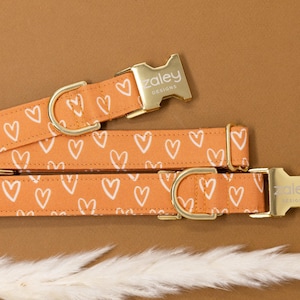 May include: A gold dog collar with a white heart pattern on a peach background. The collar has a gold buckle with the text "zaley designs" on it.