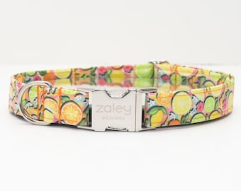 Citrus Floral Dog Collar: Oranges, Lemons & Limes - Silver Buckle