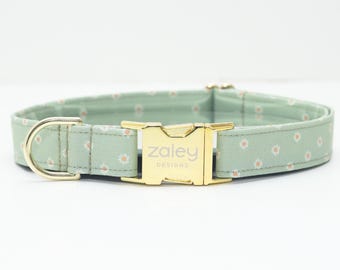 Collar para perro con margaritas: collar floral verde salvia con hebilla dorada