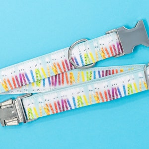 May include: A light blue dog collar with a rainbow and white pattern. The collar has a silver buckle and a silver D-ring.