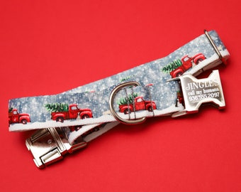Christmas Trucks Personalized Dog Collar, Go Tagless! Engraved Name & Phone Number on Metal Buckle, Christmas Tree, The Endurance Collection