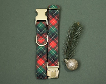 Christmas Plaid Dog Collar: Red, Green & Gold Tartan