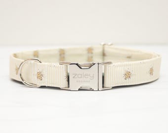 Bumble Bee-halsband, gele halsband voor huisdieren, strepen, geelbruin, jongenshalsband, handgemaakt, metalen gesp, Zaley-ontwerpen