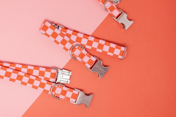 Pink and Orange Checker Dog Collar with metal buckle, Gingham, Plaid Summer Dog Collar, Pet Collar, Female Dog Collar, New Dog Mom Gift
