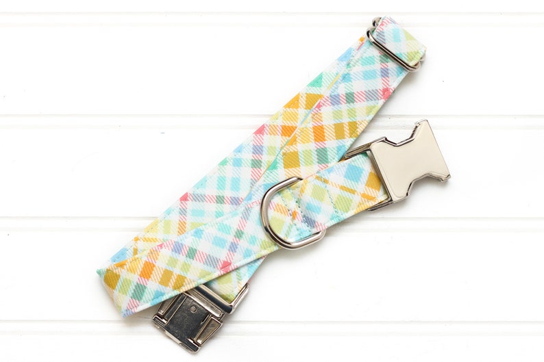 Puede incluir: Un collar de perro de cuadros de colores con una hebilla y un anillo en D plateados.