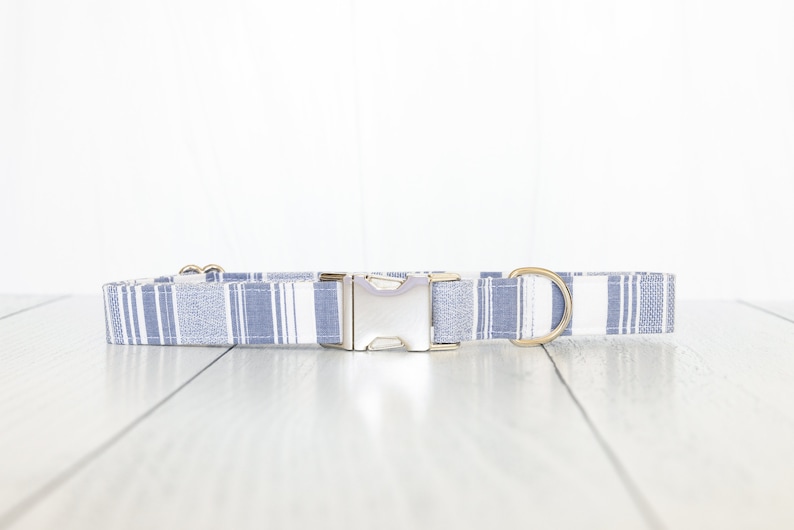 May include: A blue and white plaid dog collar with a silver buckle and gold D-rings.
