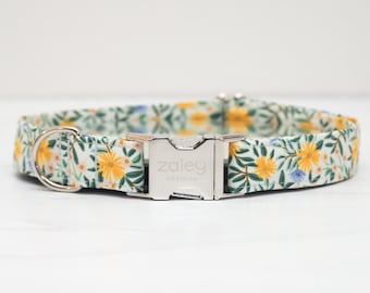 Gele op blauwe bloemenhalsband, zomerbloem hondenhalsband, girly, lentehalsband, handgemaakt, metalen gesp