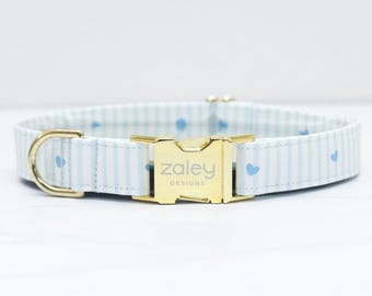 Hellblaue Herzen & Nadelstreifen-Hundehalsband: Metallschnalle, Baumwolle