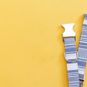 May include: Two blue and white striped dog collars with silver buckles and D-rings.