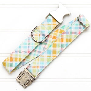 Puede incluir: Un collar de perro de cuadros azul claro y amarillo con herrajes plateados.