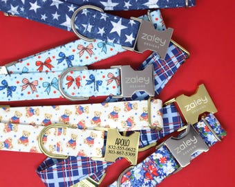 4th of July Dog Collar, Red, White & Blue Patriotic Pet Accessory, Customized Engraving Available, Personalized