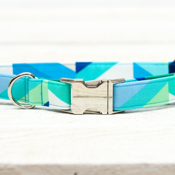 Male Chevron Dog Collar, Boy, Girl, Blue, Ice Blue, Light Blue, Aqua, Green, Turquoise, Pets  - Metal Buckle