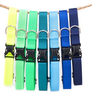 May include: A set of eight dog collars in various colors, including neon yellow, green, teal, light blue, blue, and navy blue. The collars are made of nylon and have a black plastic buckle and a silver metal D-ring.