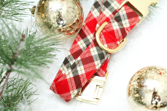 Red Green Plaid Dog Collar | Christmas Flannel Dog Outfit Cozy Woven Tartan Holiday Pet Photo Gift