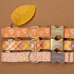 May include: Three dog collars in orange, pink, and brown with a plaid pattern, hearts, and a leopard print. Each collar has a gold buckle with the text "Zaley Designs".