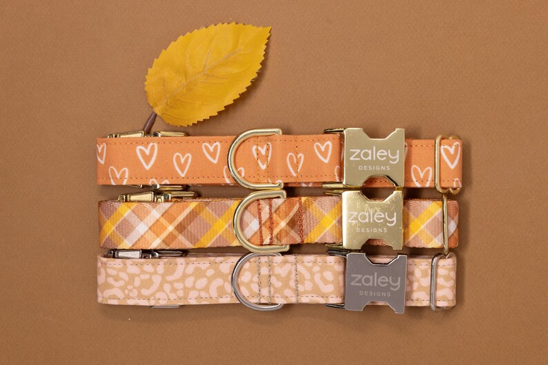 May include: Three dog collars in orange, pink, and brown with a plaid pattern, hearts, and a leopard print. Each collar has a gold buckle with the text "Zaley Designs".