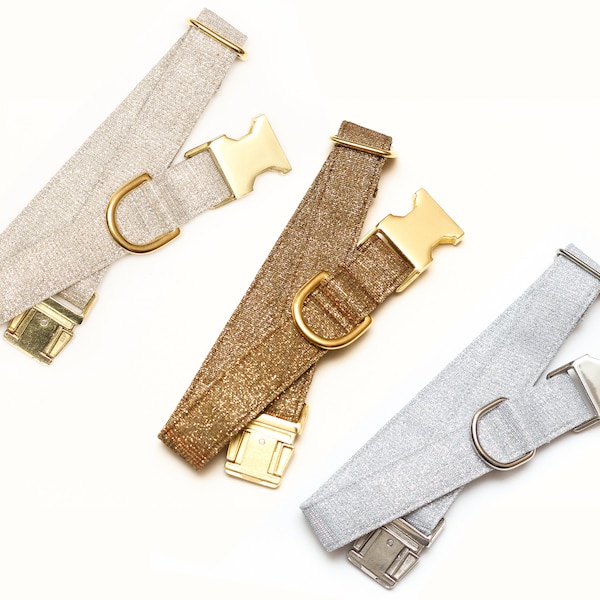 Glitter Dog Collar, Metallic Sparkle, New Years Eve, metal hardware, Gold, Silver, Champagne, Wedding Dog Collar