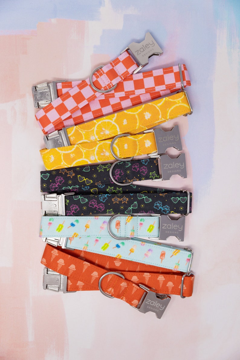 Roze en oranje geruite hondenhalsband met metalen gesp, pastel, geruite zomerhalsband, halsband voor huisdieren, dameshalsband, nieuwe hond cadeau moeder afbeelding 6