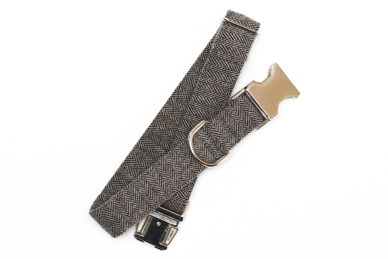 Puede incluir: Un collar de perro de color marr&oacute;n y negro con estampado de espiga y hebilla de metal plateado.