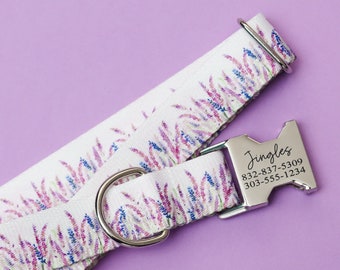 Lavendel Felder Personalisiertes Hundehalsband, Go Tagless! Gravierte Name & Telefonnummer auf Metallschnalle, Floral, Blume, The Endurance Collection