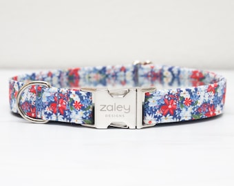 Red, White & Blue Floral Dog Collar, 4th of July Pet Collar, Patriotic Dog Collar, Metal Hardware, Handmade Collar
