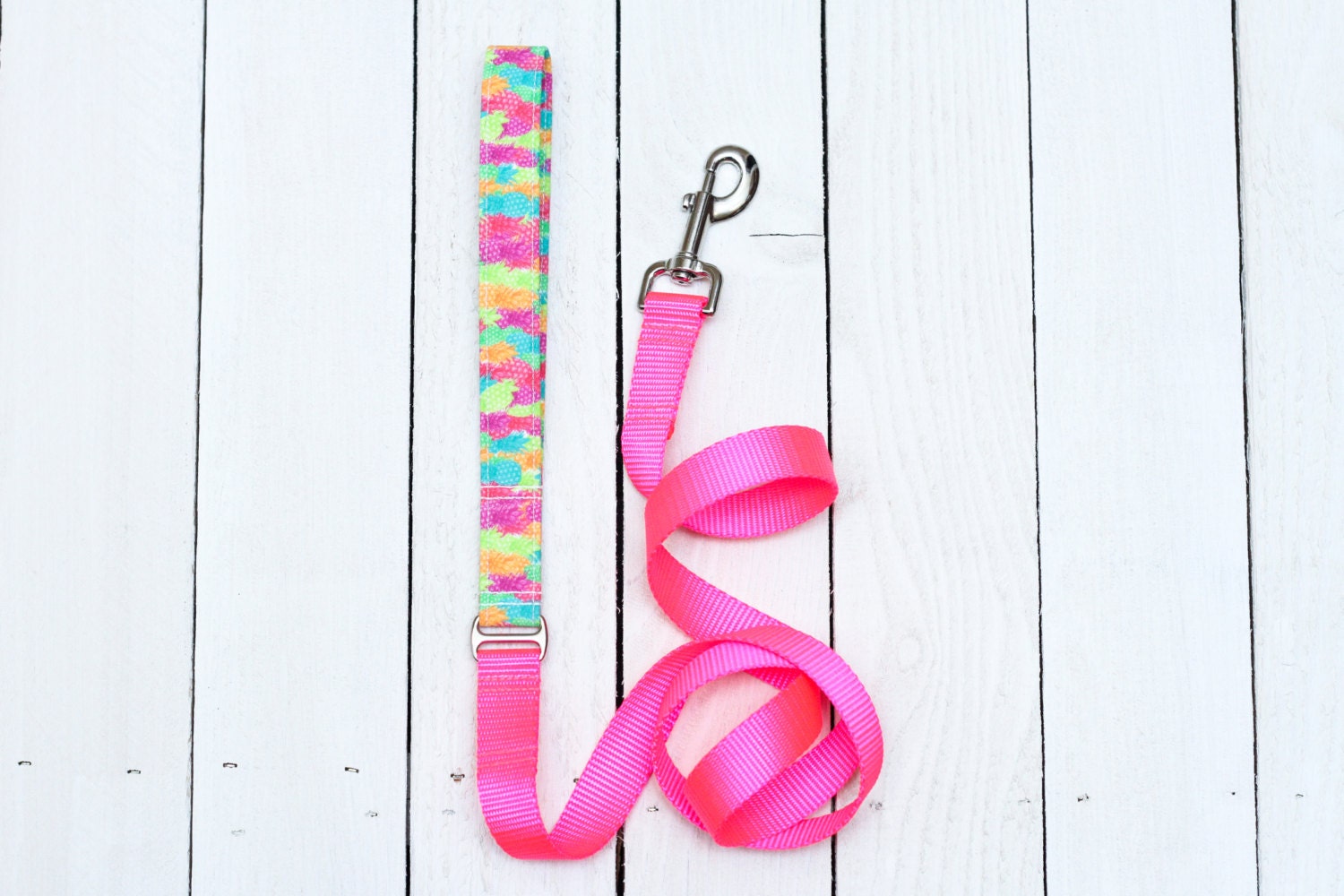 Pineapple Dog Leash, Lead, Neon, Hot Pink, Lime Green, Turquoise, Orange Fabric, Nylon Webbing, Heavy Duty, Comfortable, Metal Hardware