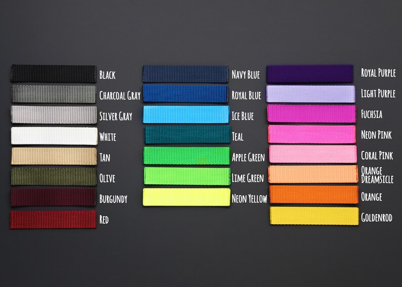 May include: A color chart showing 20 different colors of webbing. The colors are arranged in two columns, with the names of the colors listed below each sample.