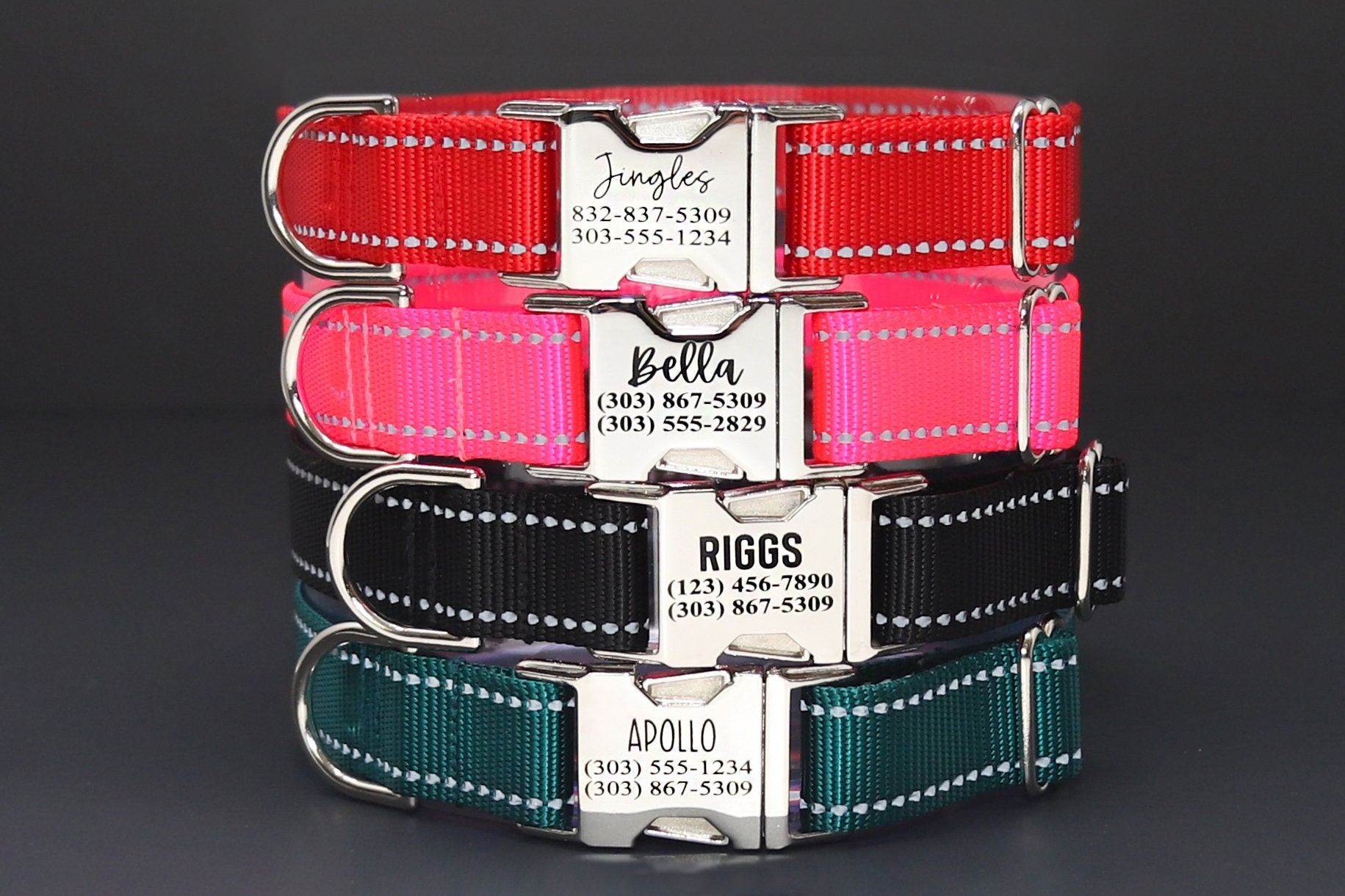 Personalized Reflective Dog Collar – Nylon, Embroidered Name, Pin Buckle