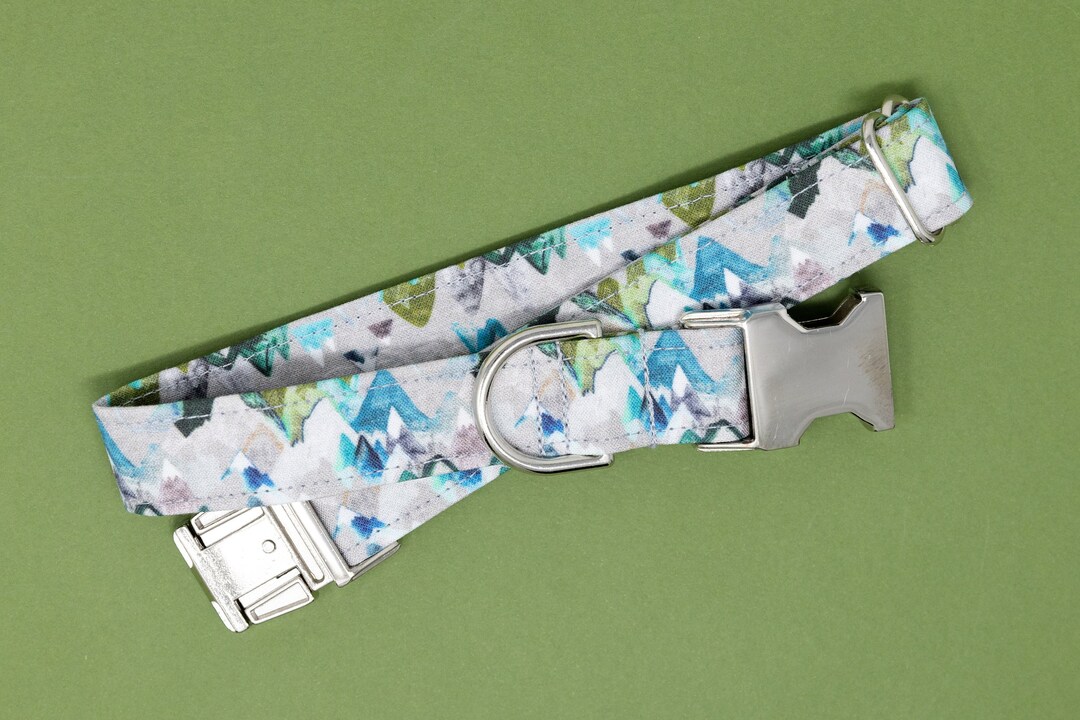 Blue and Green Mountains Dog Collar, Watercolor Dog Collar, Hiking Dog
