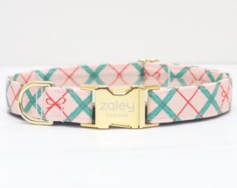 Light Pink Plaid Christmas Dog Collar with Bows: Girly Holiday Pet Collar