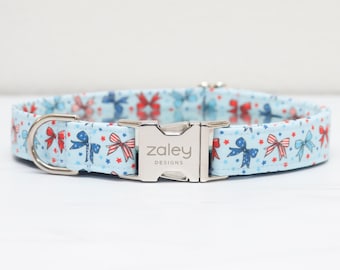 Red White & Blue Bows Dog Collar, 4th of July Pet Collar, Summer Girls Dog Collar, Metal Hardware, Stars Patriotic Handmade Collar