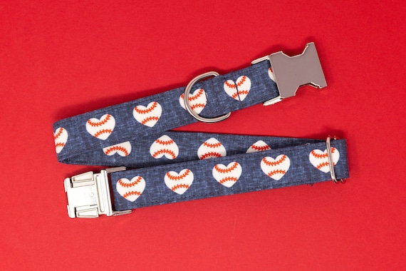 Baseball Hearts Dog Collar, Fourth of July Dog Collar, Summer Dog Collar, Female or Male Dog Collar, Boy or Girl Dog Collar, Metal Buckle