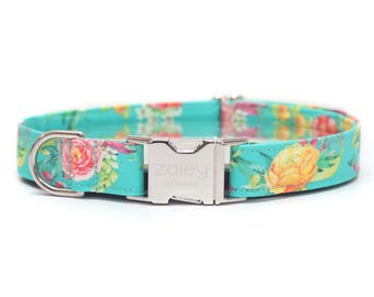 Collare per cani in cotone con stampa floreale turchese / Fibbia in metallo resistente, accessorio di design per animali domestici