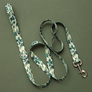 Op de afbeelding: Een groene en witte gepatenteerde hondenriem met een zilveren clip. De riem is gemaakt van duurzaam materiaal en is perfect om met je harige vriend te wandelen.