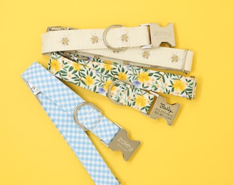 Summer or Spring Dog Collar, Floral, Gingham Plaid, Bumble Bees, Customized Engraving Available, Personalized