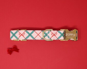 Light Pink Plaid Christmas Dog Collar with Bows: Girly Holiday Pet Collar